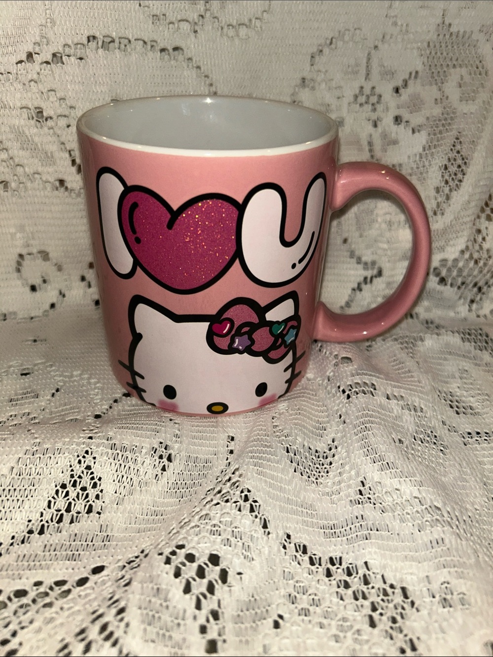 Hello Kitty Pink Glitter Heart Ceramic Coffee Mug